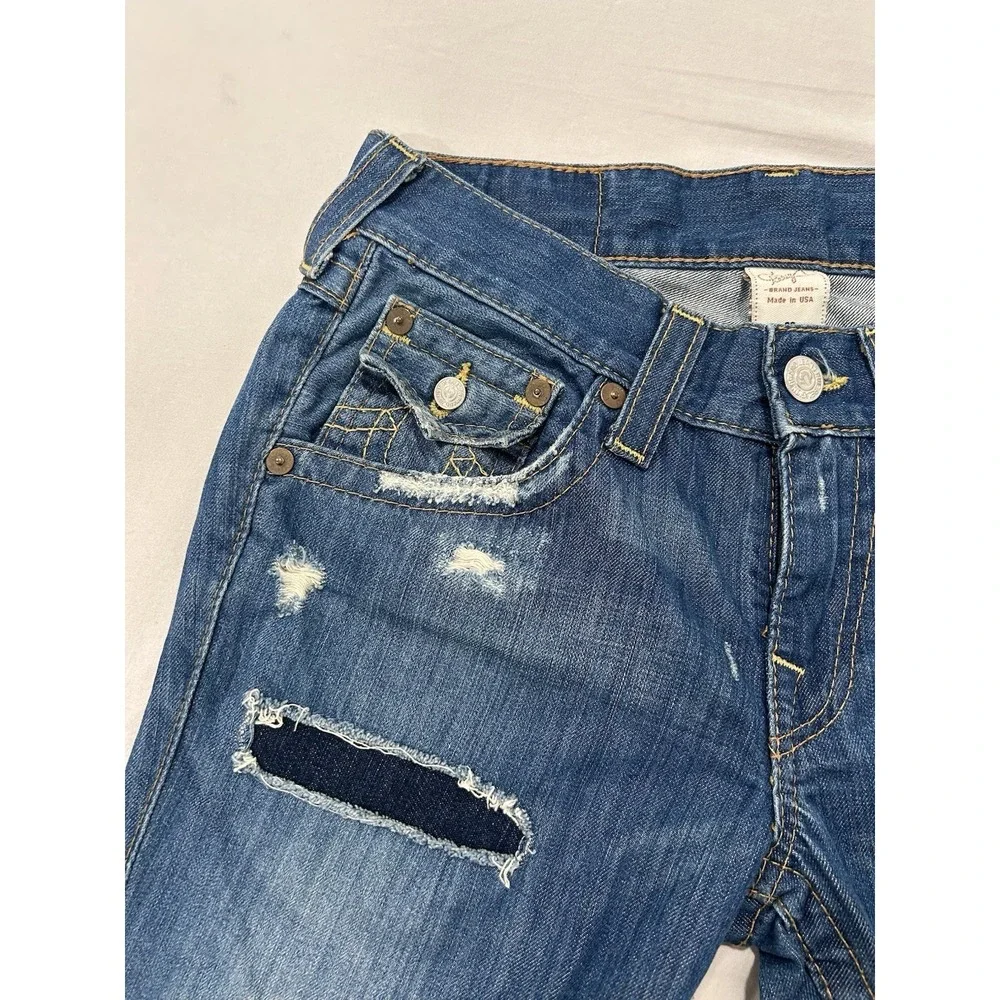 True Religion Billy Patchwork Distressed Jeans Mens 30 x31 Made in USA Blue Med